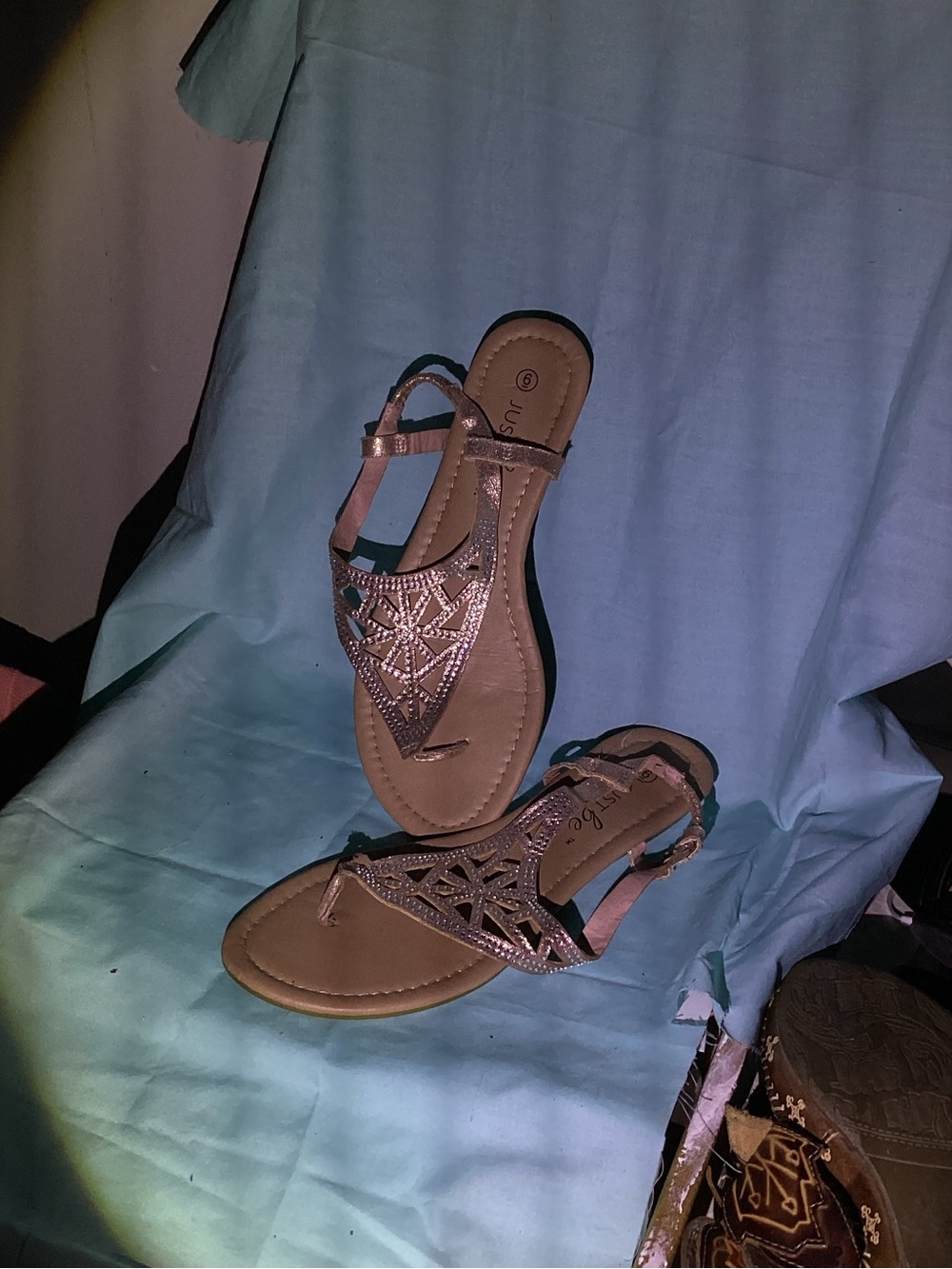just be Metallic Brown Rhinestone T-Strap Sandals
